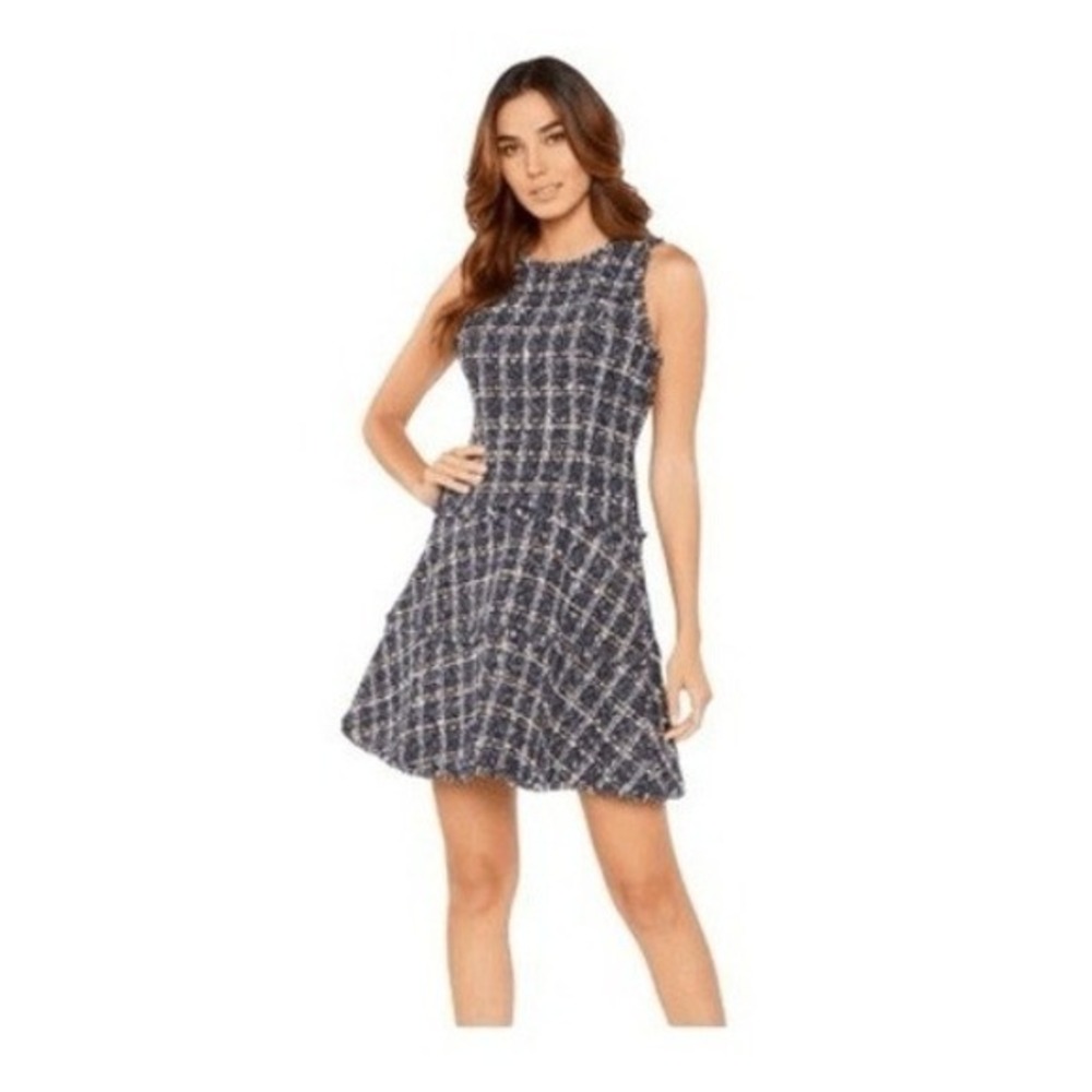 Likely Multi Tweed Boucle‎ Jewel Tartan Plaid Mini Dress Navy Blue 2